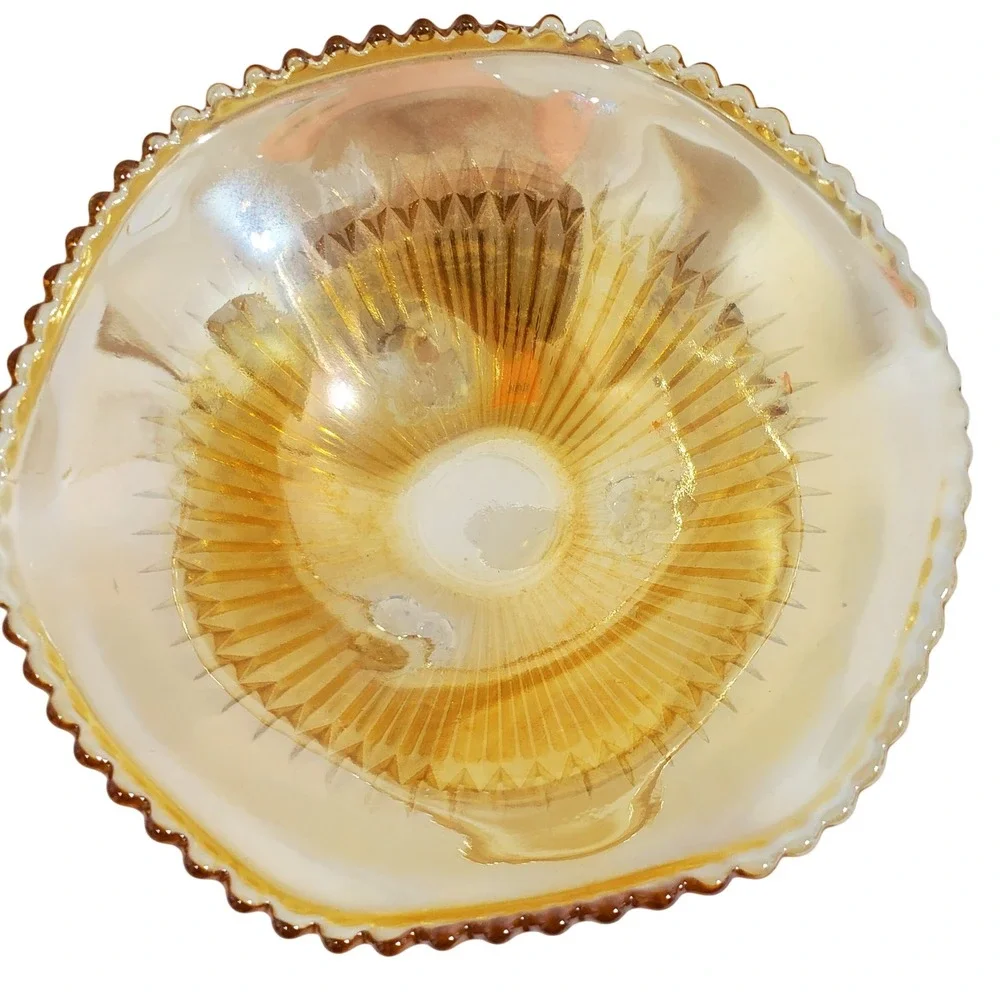 Indiana Glass Marigold Carnival Glass Footed Bowl Amber‎ Iridescent Sawtooth Rim